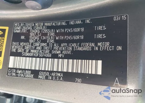 2015 Toyota Highlander Xle V6 из США, поврежденный, VIN 5TDKKRFH3FS074068